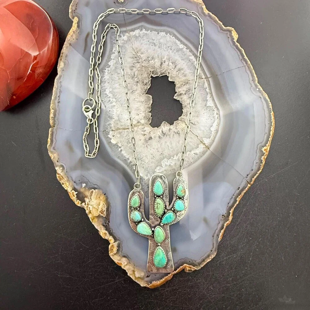 Sterling Southwestern Style Kingman Turquoise Cactus Pendant 22.5